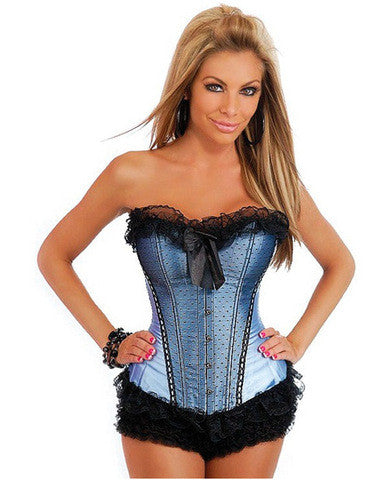 Burlesque bows strapless corset w/front busk closure and lace up back w/ruffle thong blue 2x