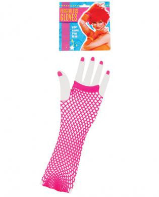 Neon Long Fingerless Fishnet Gloves - Pink