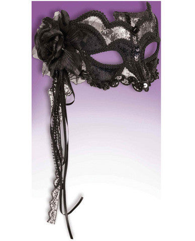 Venetian mask - black/silver w/rose