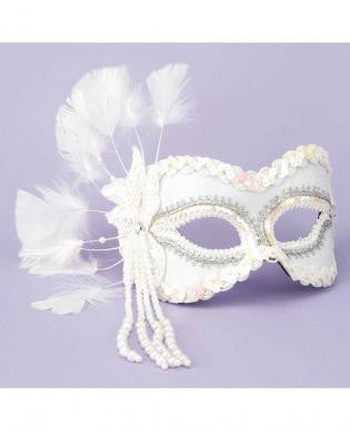 Half Mask Feathers&amp;#44; Beads White O/S