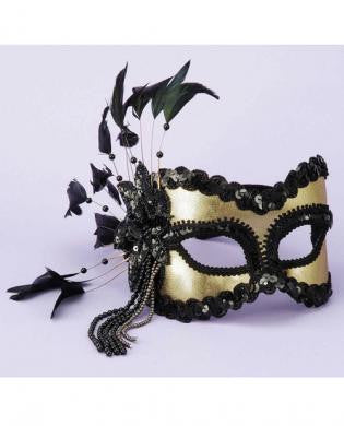 Half Mask Feathers&amp;#44; Beads Black/Gold