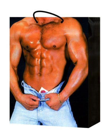 Man w/condom in unzipped bluejeans gift bag