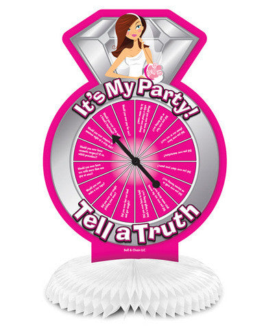 Bride-to-be it&#039;s my party tell a truth centerpiece spinner game