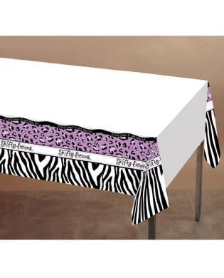 Fifty-licious plastic tablecover w/border print - 54in x 108in