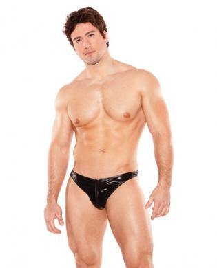 Zues wet look front zipper thong black o/s