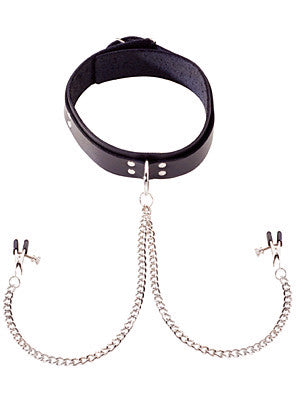 Black Leather Collar With Broad Tip Nipple Clamps