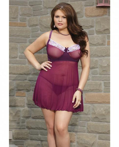 Microfiber&amp;#44; Mesh Underwire Babydoll Adjustable Straps &amp; G-String Plum 3X/4X