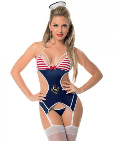 First Mate Bustier&amp;#44; Panty &amp; Thigh Highs Blue White O/S
