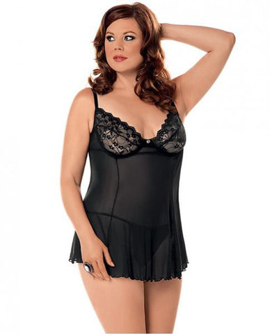 Mesh&amp;#44; Lace Babydoll &amp; G-String Black 3X