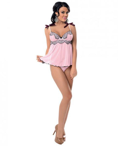 Embroidered Mesh Short Babydoll &amp; G-String Pink Sm