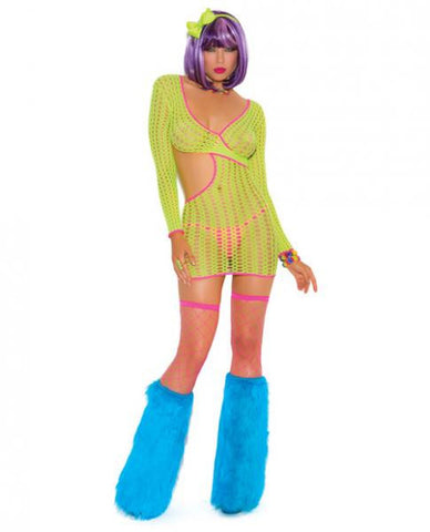 Crochet Long Sleeve Mini Dress Cut Out Side Neon O/S