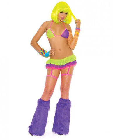 Neon Nites Mesh String Bra &amp; Skirt Attached Thong &amp; Adjustable Garters Neon O/S
