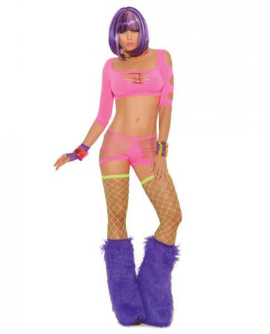 Neon Nites Shredded 3/4 Sleeve Shredded Booty Short Neon O/S