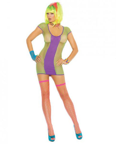 Opaque &amp; Fishnet Mini Dress Green/Purple O/S