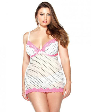 Push Up Polka Dot Babydoll &amp; Matching Hipster Panty Pink/White 3X/4X