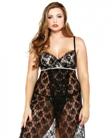 Underwire Lace Gown &amp; Matching G-String Black 1X/2X