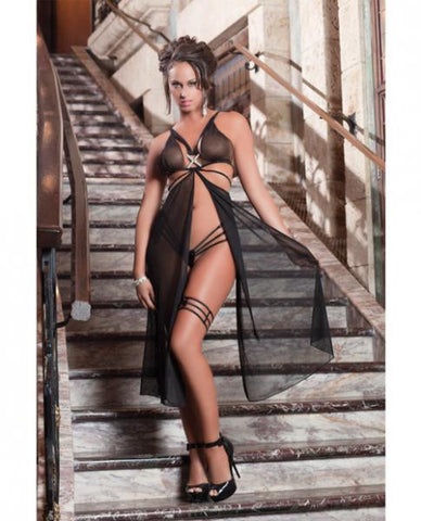 Long Butterfly Sheer Gown Strappy Back &amp; Garter Black OS