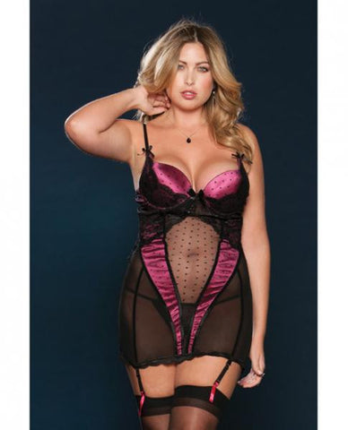 Dots &amp; Lace Chemise w/Lace-Up Back&amp;#44; Removable Garters &amp; G-String Raspberry 2X