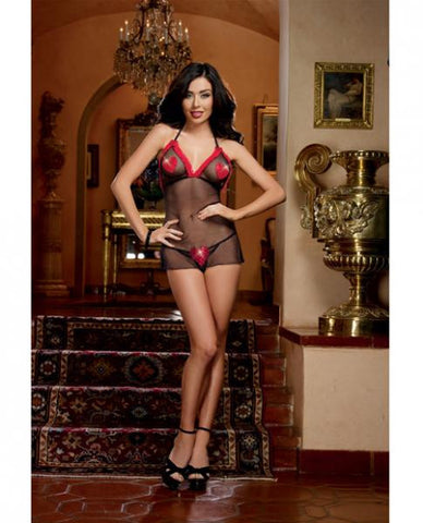 Babydoll Sequin Heart Appliques&amp;#44; Thong Black O/S