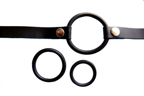 Strap-on cock ring leather harness w/3 rings