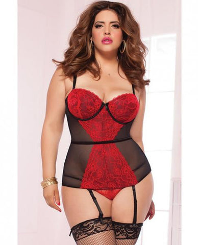 Valentine&#039;s Lace Mesh Bustier &amp; Thong Red 1X/2X