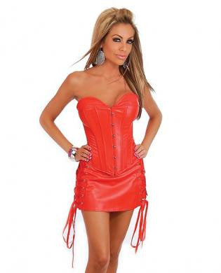 Strapless leather corset w/front busk closure&amp;#44; lace up back&amp;#44; thong and leather skirt red sm