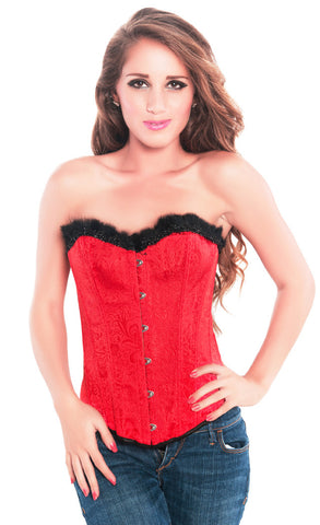 Red Strapless Overbust Fashion Valentine Corset Top with Plush Trims