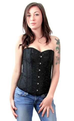 Women's Boned Black Embroidered Satin Corset Top