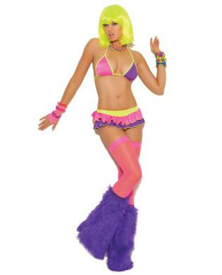 Neon Nites Lycra String Bra Top and Mini Skirt w/Attached Thong Neon O/S