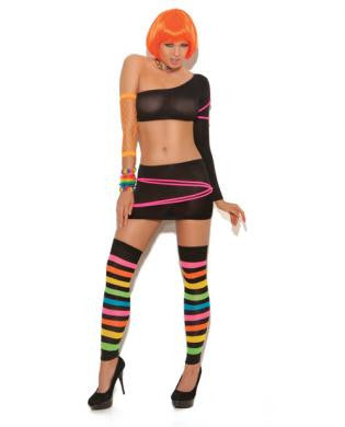 Neon Nites One Shoulder Top and Mini Skirt w/Neon Pink Stripes BlackO/S