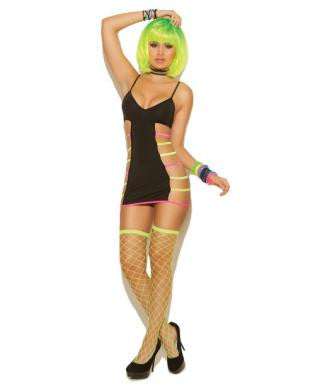Neon Nites Mini Dress w/Neon Straps Black O/S