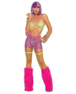 Neon Nites Ripped Net Mini Dress Neon O/S