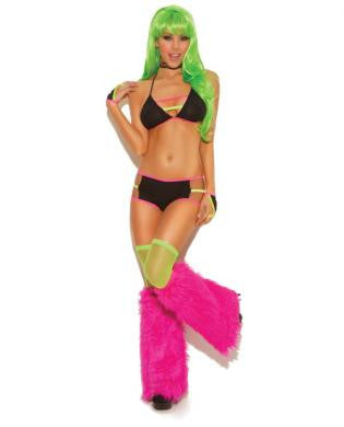 Neon Nites String Bra Top and Booty Shorts w/Neon Straps and Gloves Black O/S