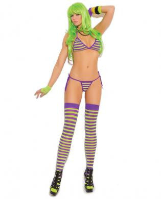 Vivace Striped String Bra&amp;#44; Tie Side Thong and Matching Stockings Neon Purple/Neon Green O/S