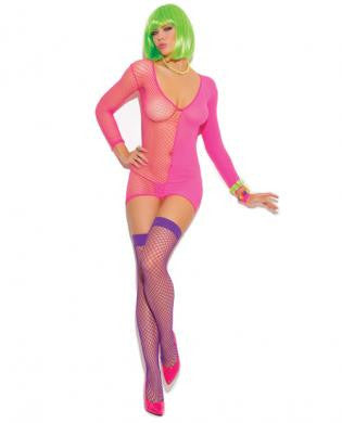 Vivace Long Sleeve Diamond Net and Opaque Mini Dress Neon Pink O/S