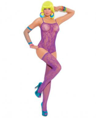 Vivace Floral Pattern Fishnet Teddy and Matching Thigh High&#039;s Neon Purple O/S