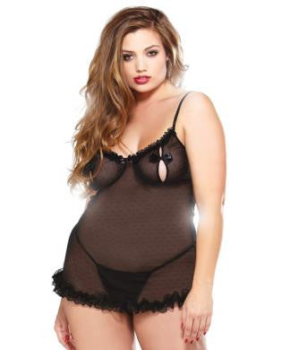 Underwire Ruffled Chemise and Thong Black 1X/2X