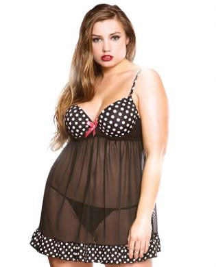 Polka Dot Underwire Babydoll and G-String Black 1X/2X