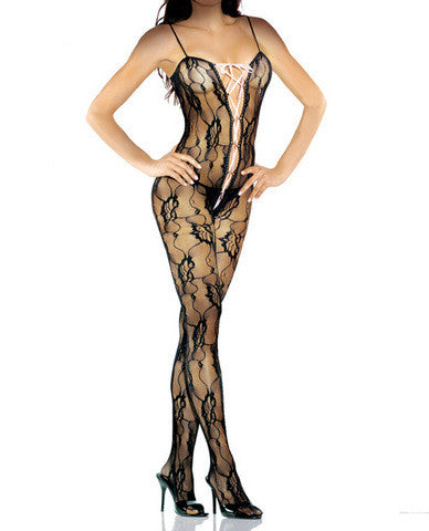 Desire hosiery bodystocking w/lace up front black qn