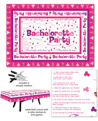 Bachelorette party table cloth w/trivia game and 4 markers
