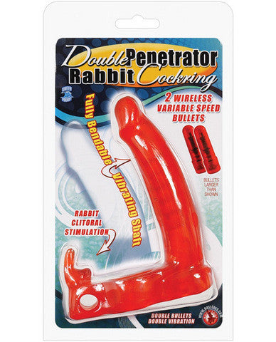 Double penetrator rabbit cockring - red