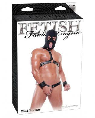 Fetish fantasy lingerie road warrior kit w/hood&amp;#44; cuffs&amp;#44; chest and waist harness - black 2x/3x